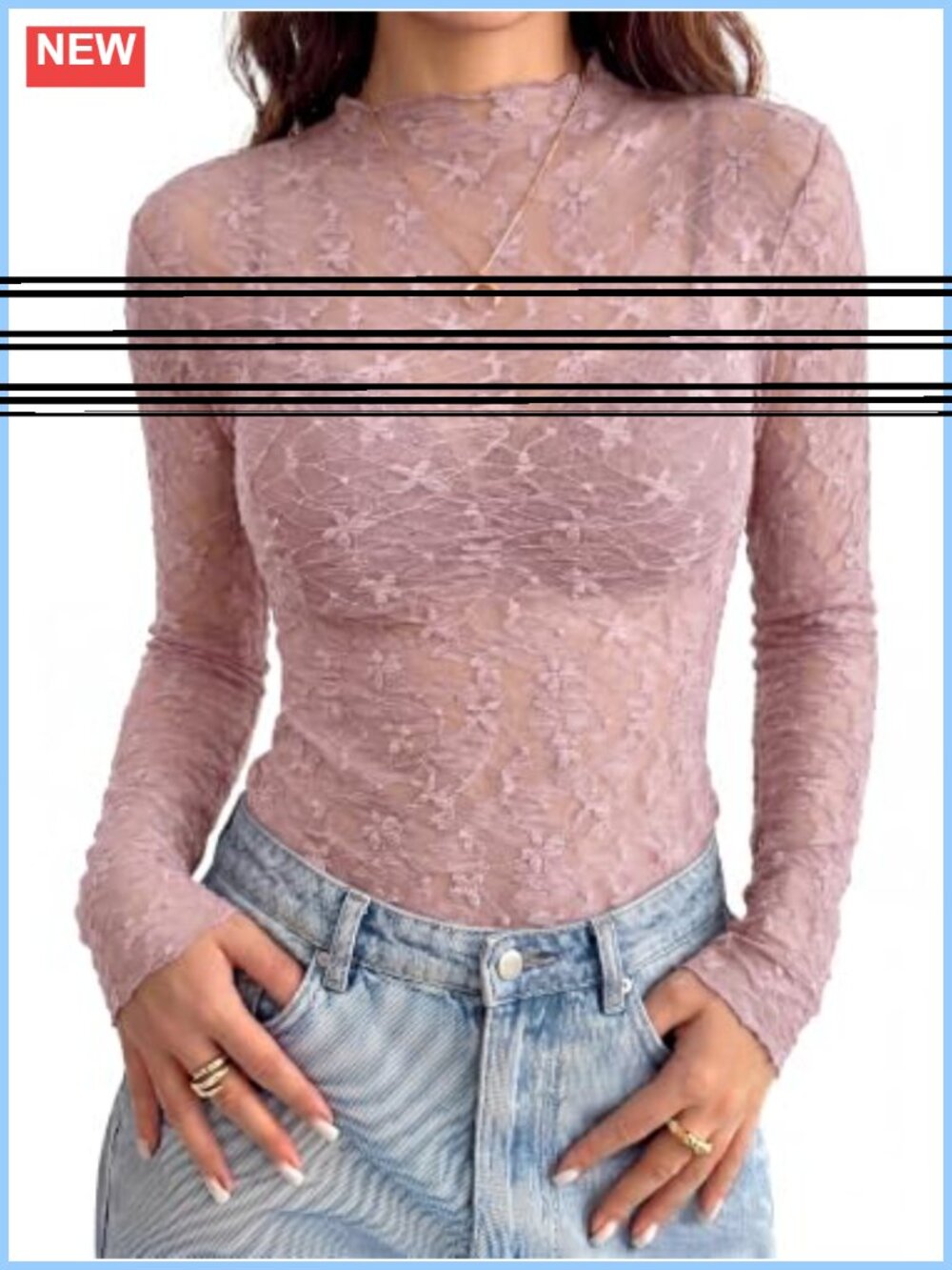 Lace Long Sleeve Mock Neck Top Slim Fit Sheer Blouse